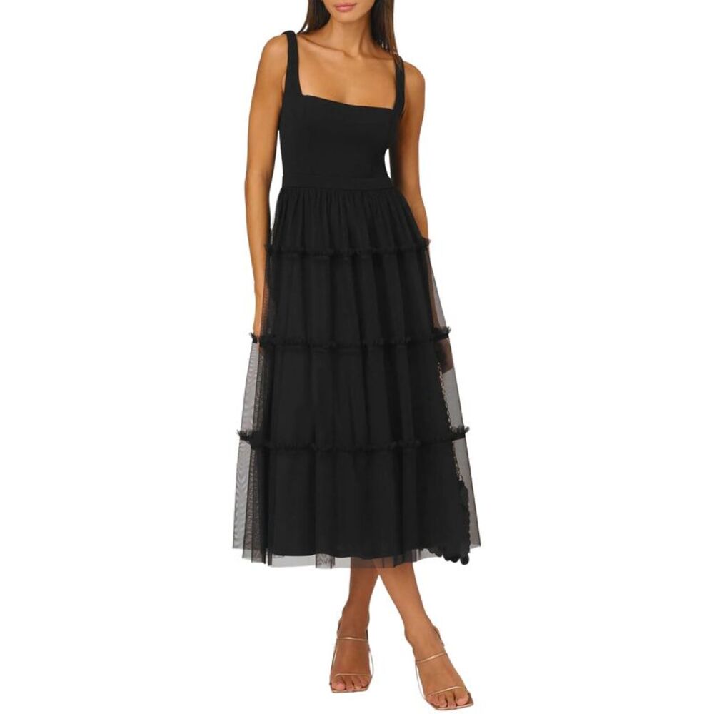 Adrianna by Adrianna Papell Womens Square-Neck Midi Mesh Dress 8 Black NWT $245